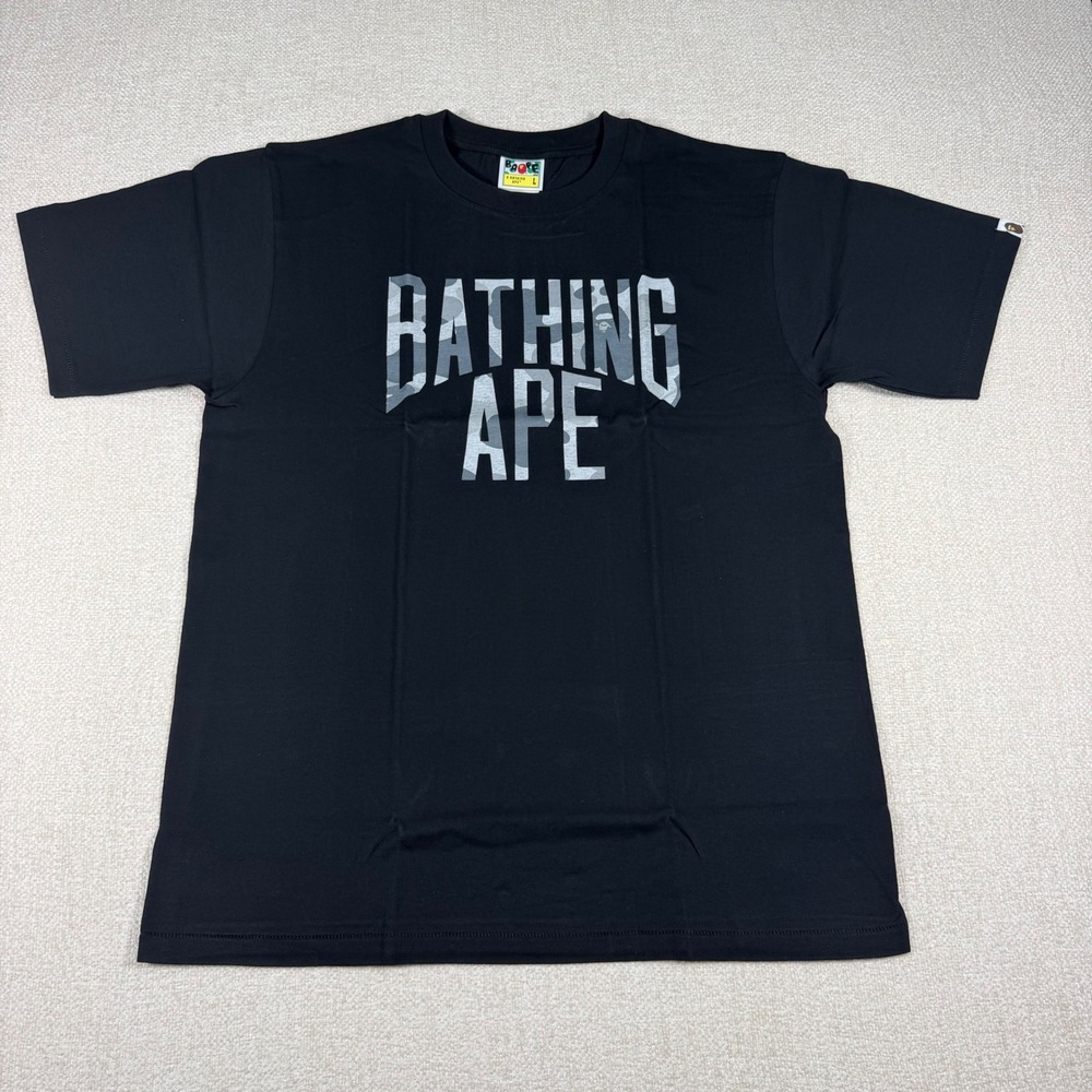 A Bathing Ape BAPE Heather Gray Camo Logo Black T-Shirt Large 1K80110045 NEW